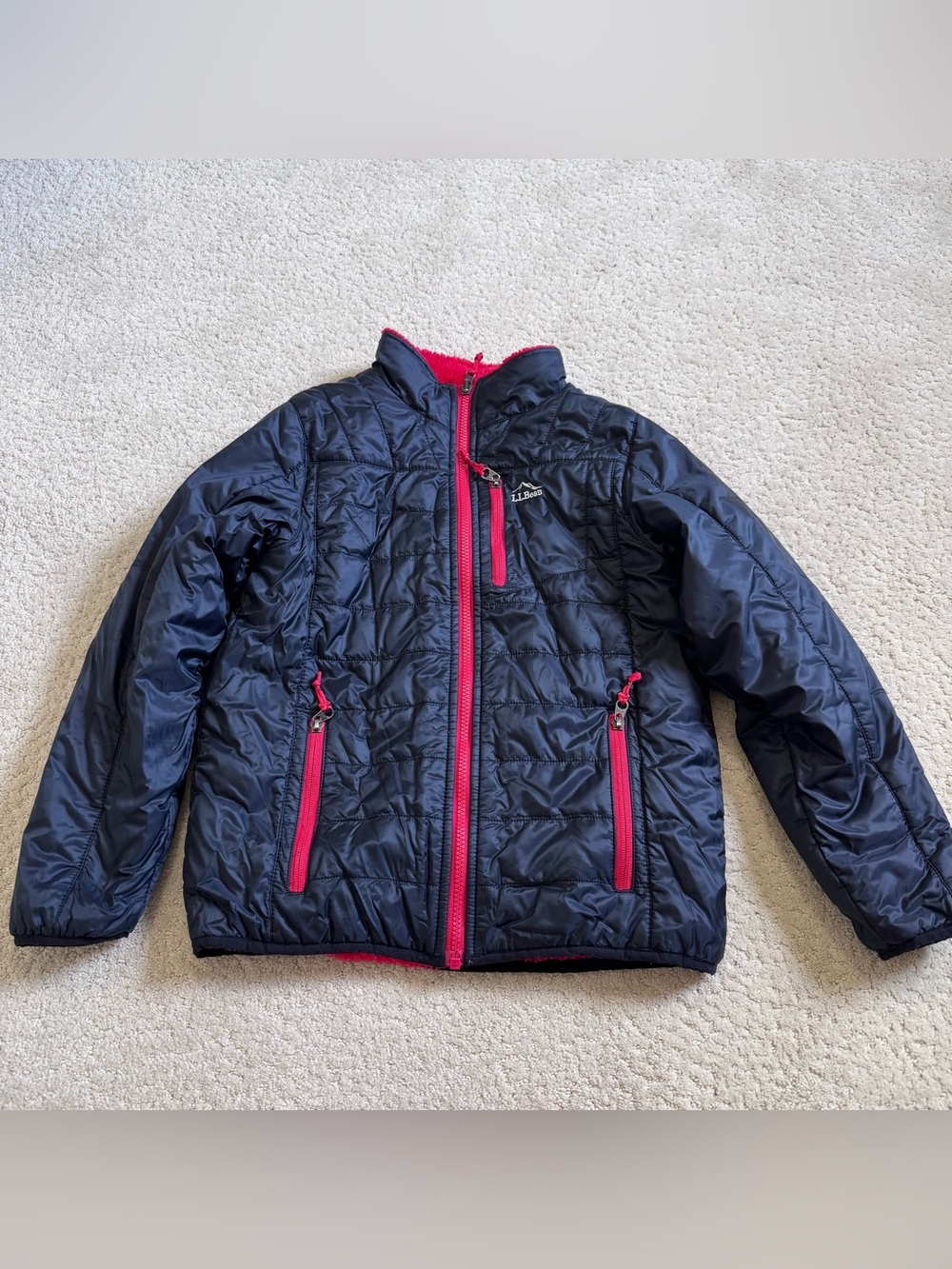 LL Bean Puffy Coat Jacket Reversible Black Red Fleece Lined M 10-12 Item 501072